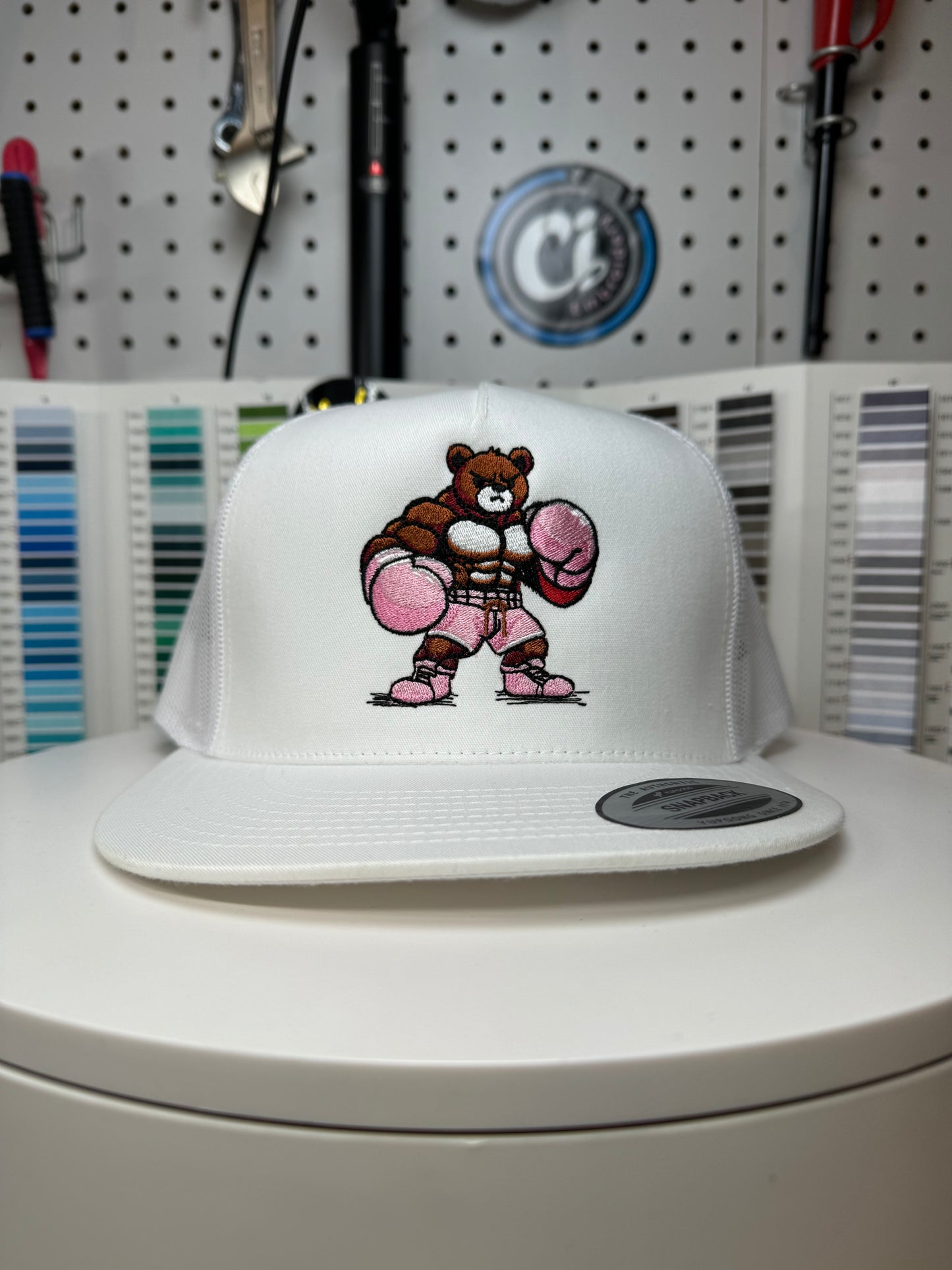 Boxing Bear Embroidered Trucker hat.